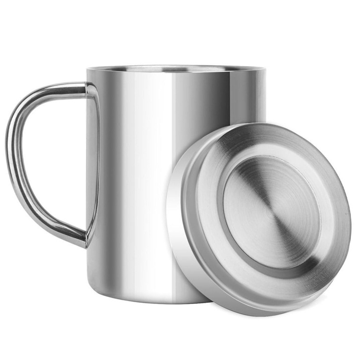 Cana termica din otel inoxidabil, 300ml, design cu doua straturi, argintie, set de 1 buc.