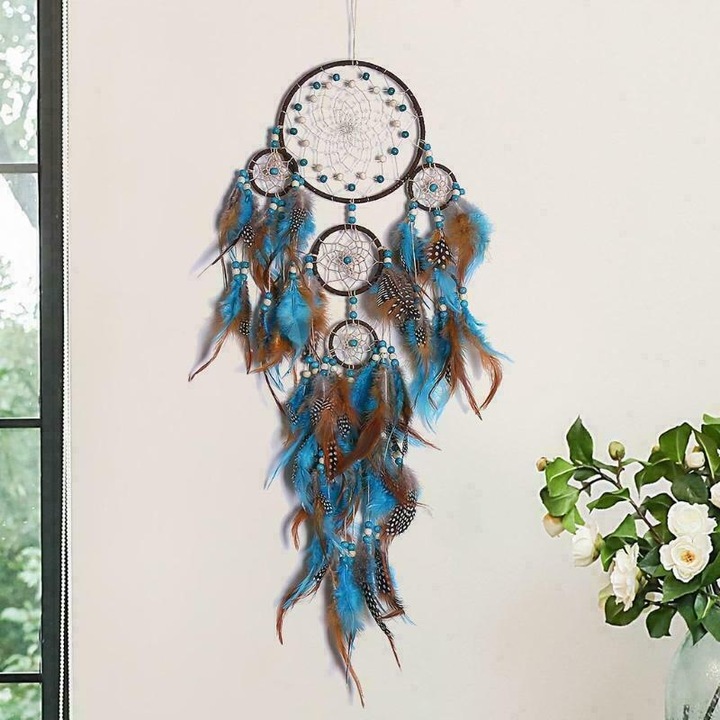 Decoratiune perete set 1 buc, Dream Catcher mare cu pene, 15cm, multicolor