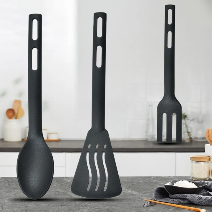 Set ustensile de bucatarie, nylon, negru, 1 set (spatula + furculita + lingura)