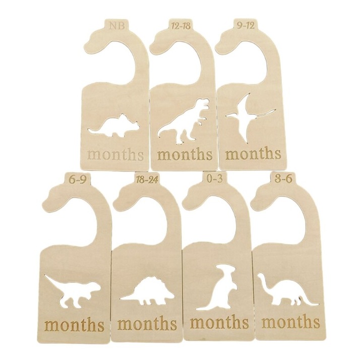 Set 7 separatoare pentru dulap bebelusi din lemn, cu dinozauri, 8x18cm