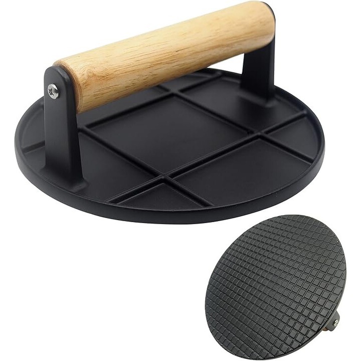 Presa pentru burgeri, 6.3 inch, cu maner din lemn, material din aluminiu, usor de curatat