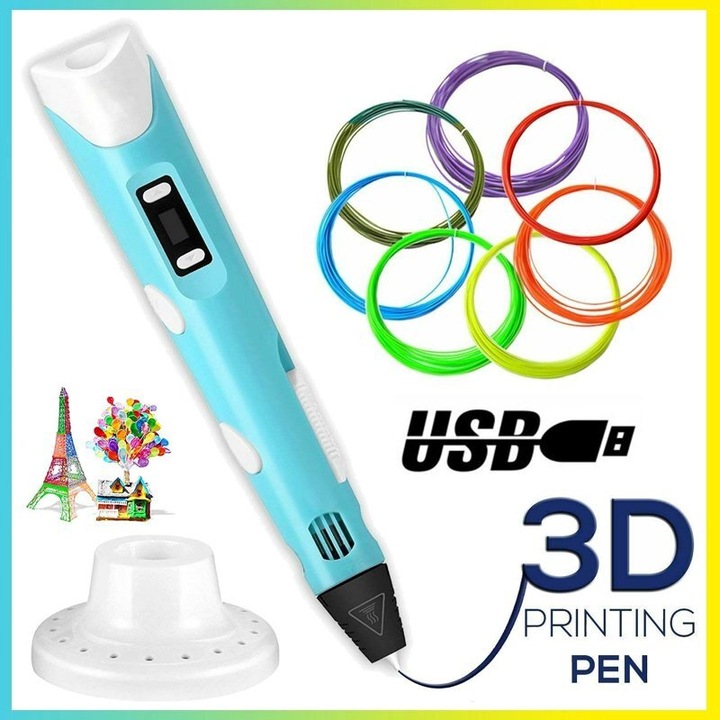 Creion 3D, 12 filamenturi PLA, culoare albastra, dimensiuni 18x4.1x2.8cm, set pentru copii si adulti