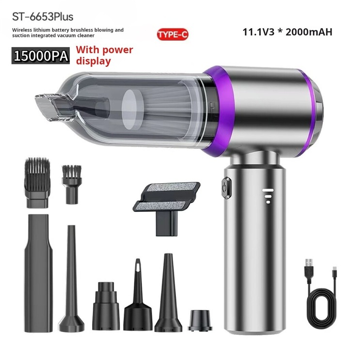 Aspirator wireless, 100W, 15000Pa, argintiu-violet, 22x20cm, set accesorii