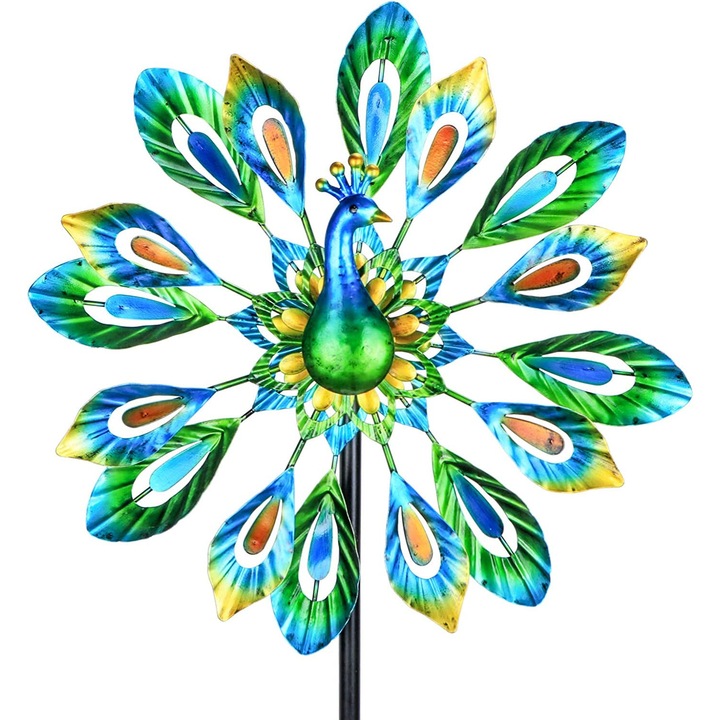 Moara de vant metalica pentru gradina, design paun, cu suport stabil, albastru si bronz, usor de instalat