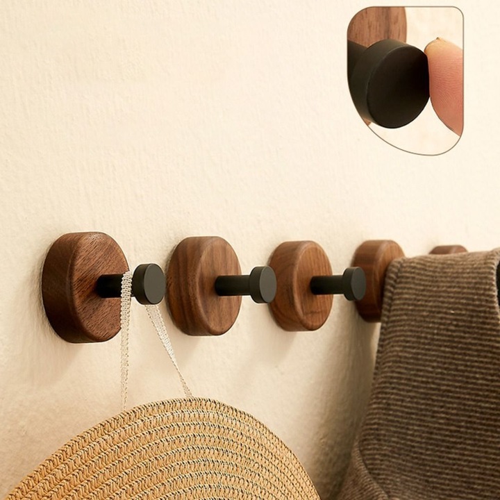 Set 4 Cuiere Rotunde din Lemn pentru Perete, 4 bucati, culoare asortata