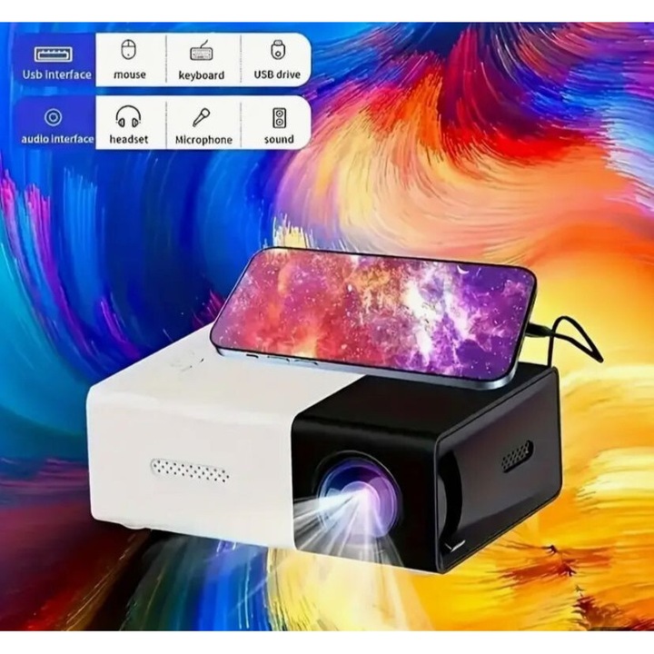 Videoproiector mini YG300+, 800 lumeni, rezolutie 320x240 pixeli, alb-negru, set complet