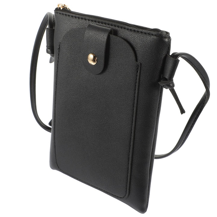 Geanta crossbody pentru femei, neagra, dimensiuni 18x13x3cm, material PU, design simplu.