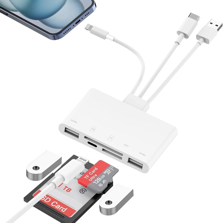 Cititor de carduri 5 in 1, USB 3.0, pentru iPhone/iPad, transfer rapid, incarcare simultana, multicolor