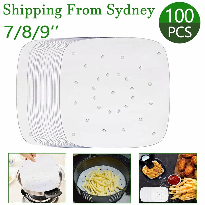 Set 100 bucati hartie pergament pentru friteuza cu aer, 8 inch, rezistenta la caldura, non-aderenta