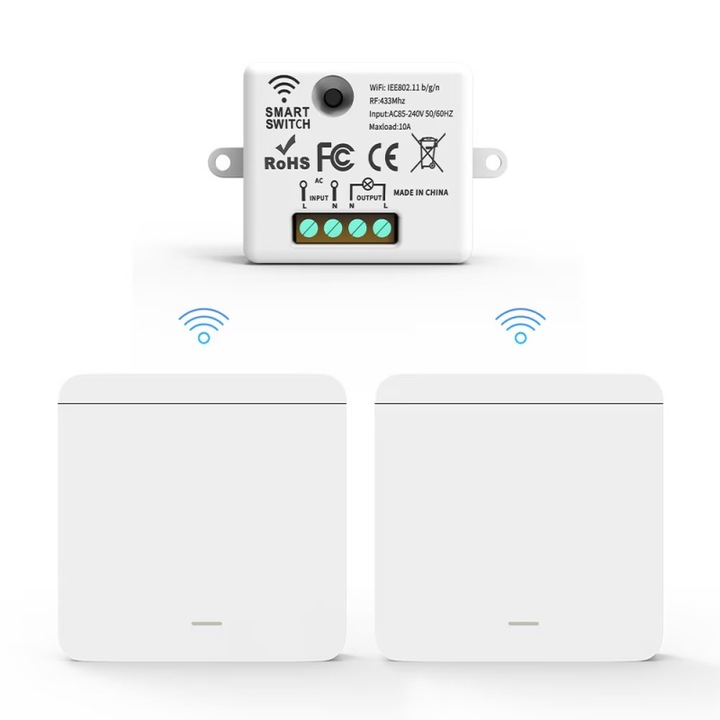Set Intrerupator wireless, Rapliv®，intrerupatoare inteligente fara fir, model universal, RF 433 MHz, cu2 Comutatoare, 10A, 30m Raza de Actiune, Montaj Simplu, Control prin Telecomanda, pentru Casa, Birou, Garaj