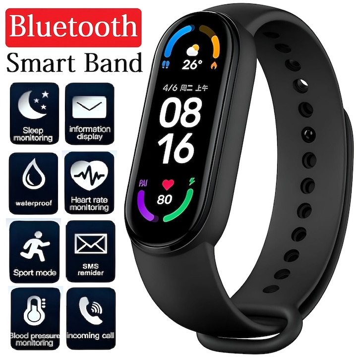 Bratara fitness M6, bluetooth, monitorizare puls, activitati si sanatate, vibratii, roz
