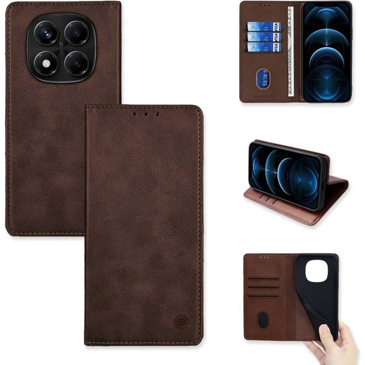 Husa telefon Sonique Vintage Magnet Wallet, 3 compartimente pentru carduri, 1 compartiment mare, culoare cafeniu, pentru Xiaomi Redmi Note 14 Pro 4G