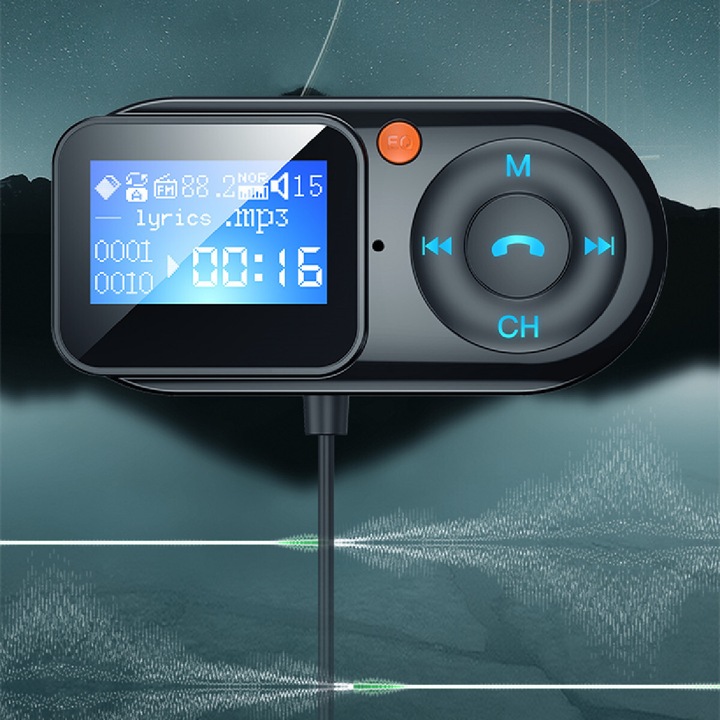 Transmitator FM auto Bluetooth 5.0, display mare, sunet de calitate, cablu audio, suport TF card, 12v-24v