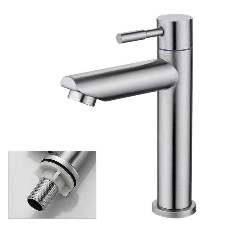 Baterie sanitara, tip monocomanda, inox, argintie, pentru chiuveta, G1/2