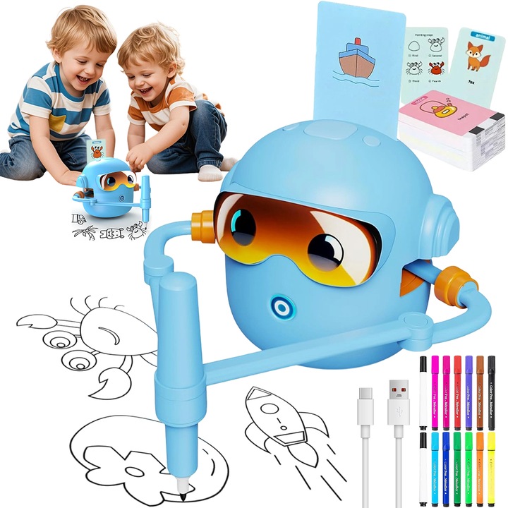 Juksun Robot Educational Interactiv pentru Desen, 100 carduri cu animale si vehicule, muzica si interactiune vocala, fara aplicatie, material ABS, sigur pentru concentrarea si gandirea creativa a copiilor