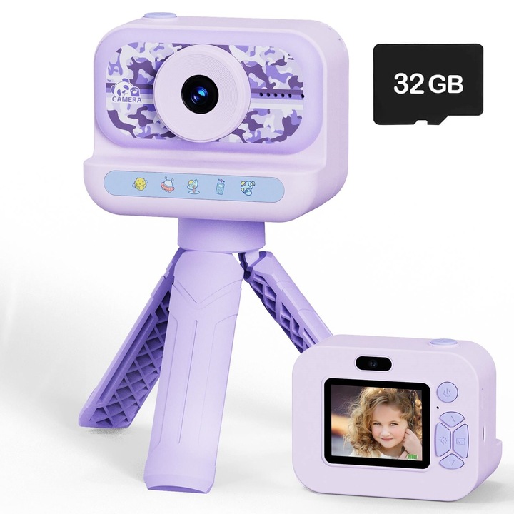 Camera foto pentru copii, 32GB, protectie din silicon, 9.9x7x3.1cm, set complet