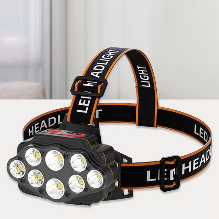 8 LED-es fejlámpa, USB-ről tölthető, 4 világítási szint, fekete, méretei 8.1x6.5cm