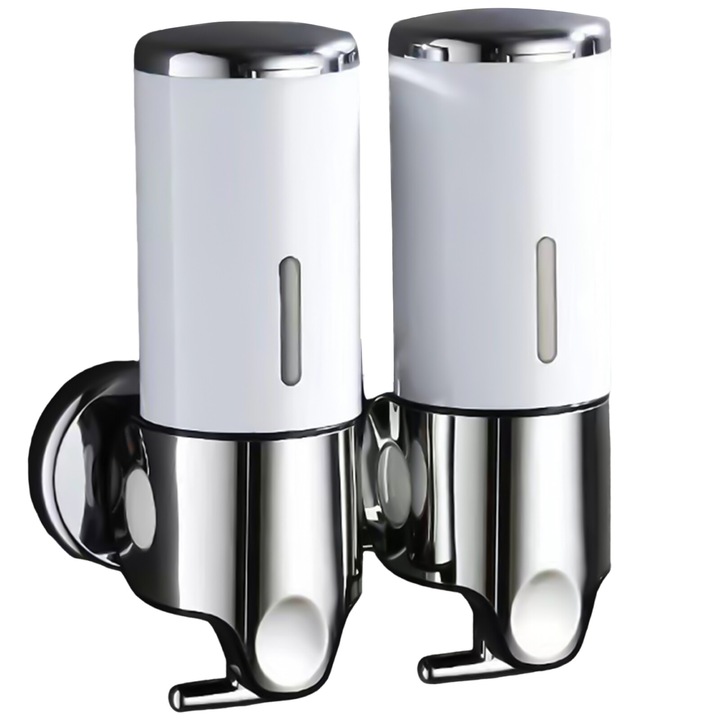 Dispenser de sapun montat pe perete, design cu doua camere, alb, 21.6x24cm