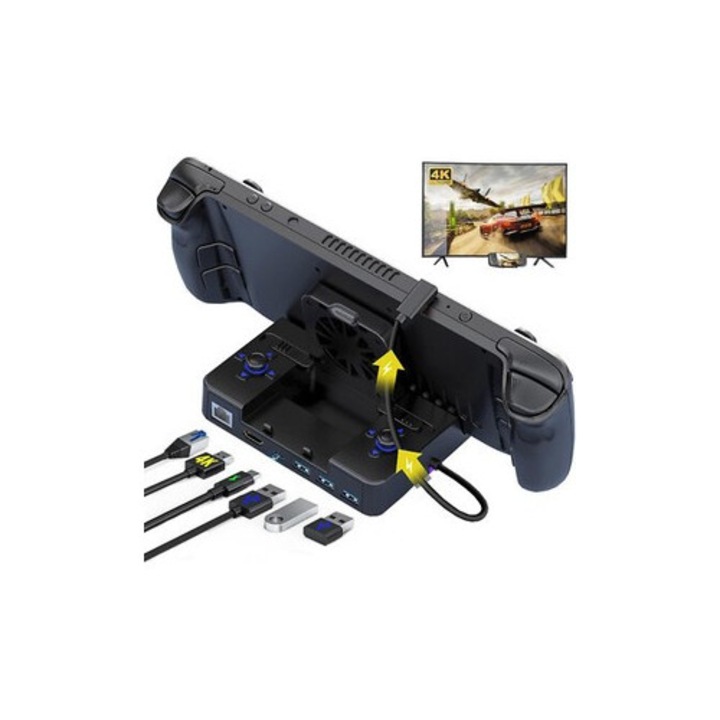 Dock TV 6-in-1 pentru Steam Deck, 4K HDMI, 1 Port LAN Gigabit, 2 USB 2.0, 1 USB 3.0, Ventilator de racire, Iluminare RGB