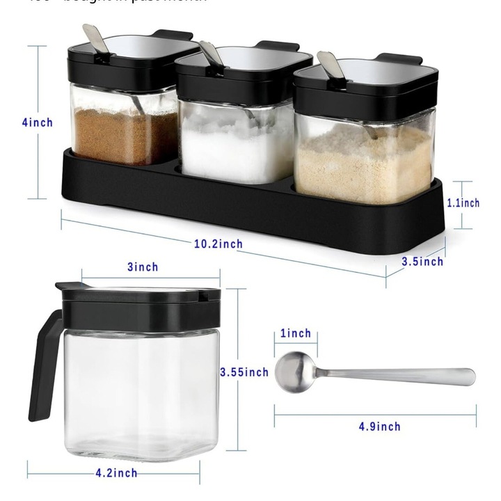 Set de 3 recipiente pentru condimente, sticla transparenta, otel inoxidabil, capacitate 255 ml, design elegant, negru