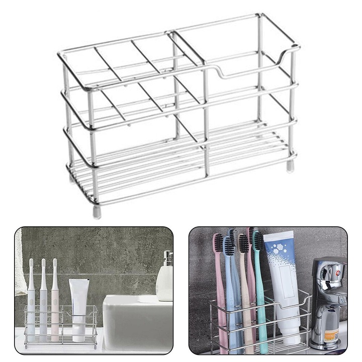Suport pentru periute de dinti si pasta de dinti din otel inoxidabil, 6 sloturi pentru periute, 1 slot pentru pasta, argintiu, 15.3x10.2x5.8cm