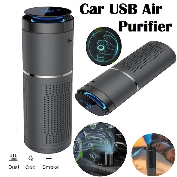Autós légtisztító, H13 HEPA, fekete, 68x168mm, USB kábellel ellátott készlet