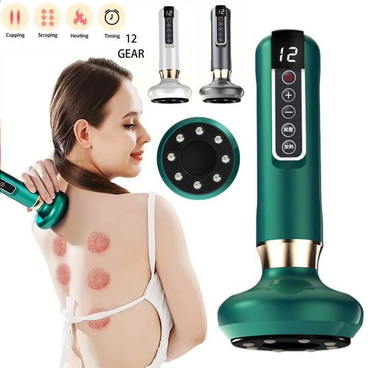 Dispozitiv electric de masaj cu ventuze, 12 niveluri, verde, 19.5x9x9cm, set cu 5 bureti filtranti si cablu USB