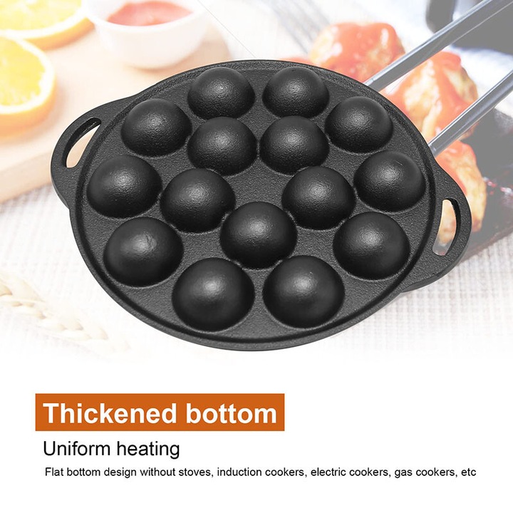 Tigai din fonta, 20 cm, negru, set cu 15 forme pentru clatite Takoyaki