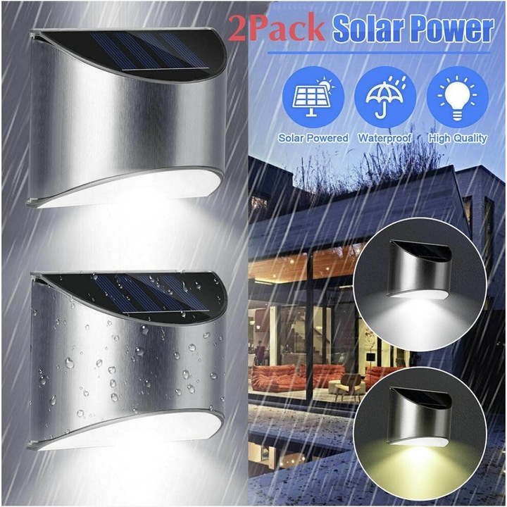 Set 2 lampi solare de perete, 4 LED, ABS, inox, alb, 10x5x8cm