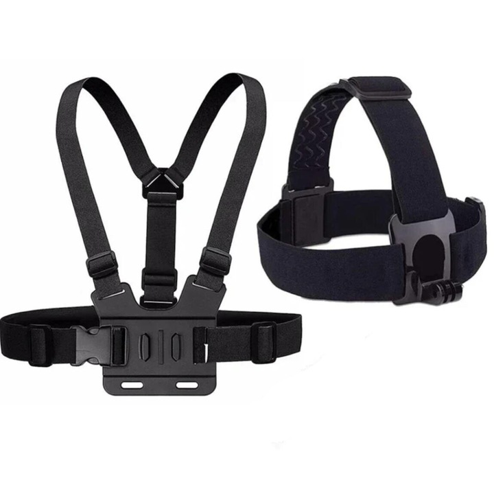 Set suporturi pentru camera GoPro, curea pentru piept si curea pentru cap, negru