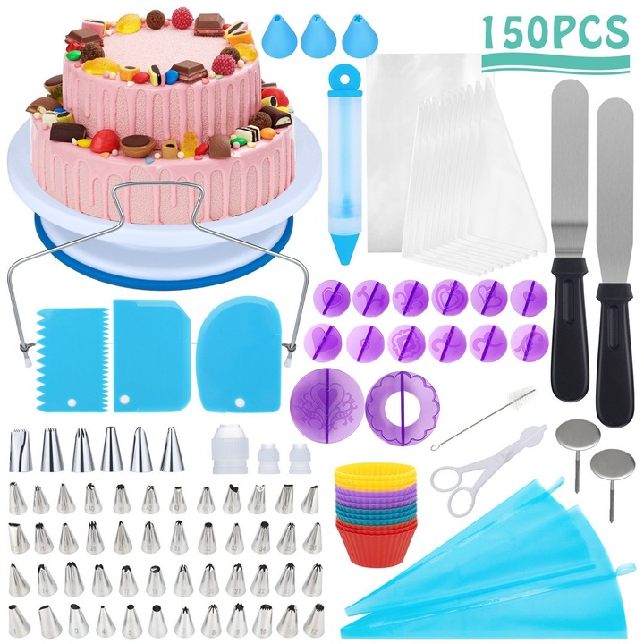 Set complet de ustensile pentru ornarea prajiturilor, 150 piese, suport rotativ, 48 varfuri din otel inoxidabil, 12 forme din silicon pentru cupcakes