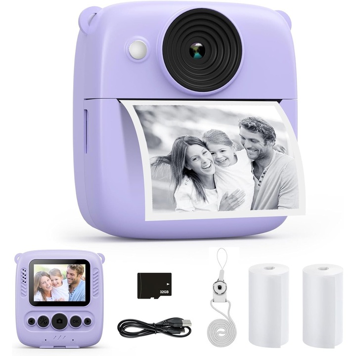 Camera digitala instantanee pentru copii 48MP, imprimare rapida, 1080P, 32GB, 3-14 ani