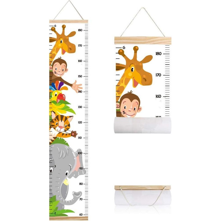 Crescator de inaltime pentru copii, design cu animale, 26.5x130cm, material canvas impermeabil
