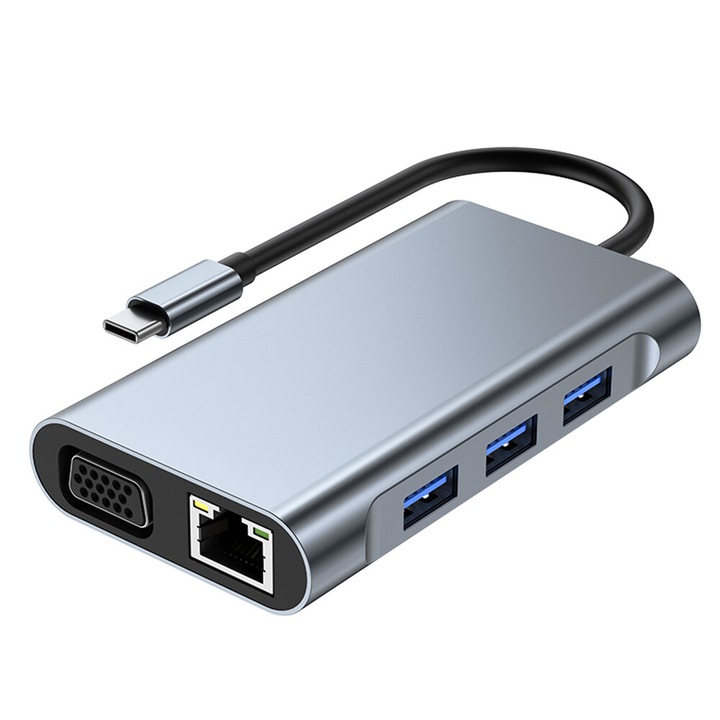 Dokkolóállomás 8 az 1-ben, kettős HDMI, USB-C, VGA, 3 USB, RJ45, 4K, 100W, 119x56x17mm