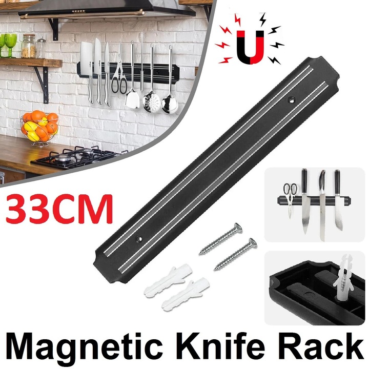 Suport magnetic pentru cutite, 33x5cm, negru, set complet cu accesorii de montare