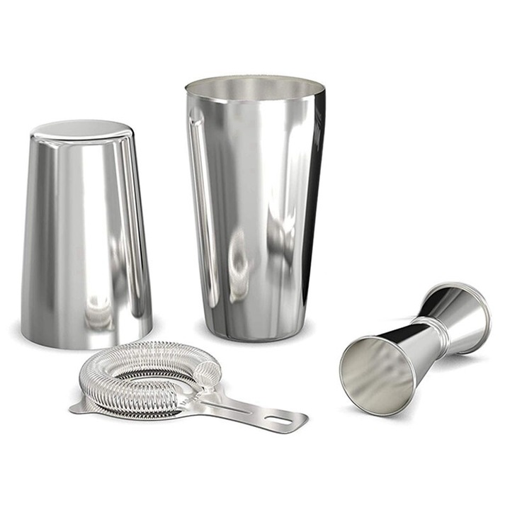 Set shaker cocktail 4 piese, argintiu, 600/750ml, 30/60ml, din otel inoxidabil