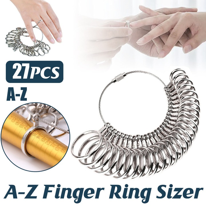 Set de unelte de masurare pentru inele A-Z, din otel inoxidabil, 27 piese, argintiu