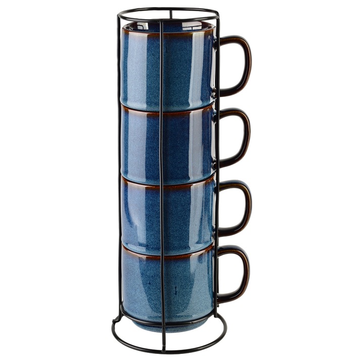 Set cani cu suport, Evie Blue, portelan, albastru inchis, 4 piese, 370ml, motive cu pisici