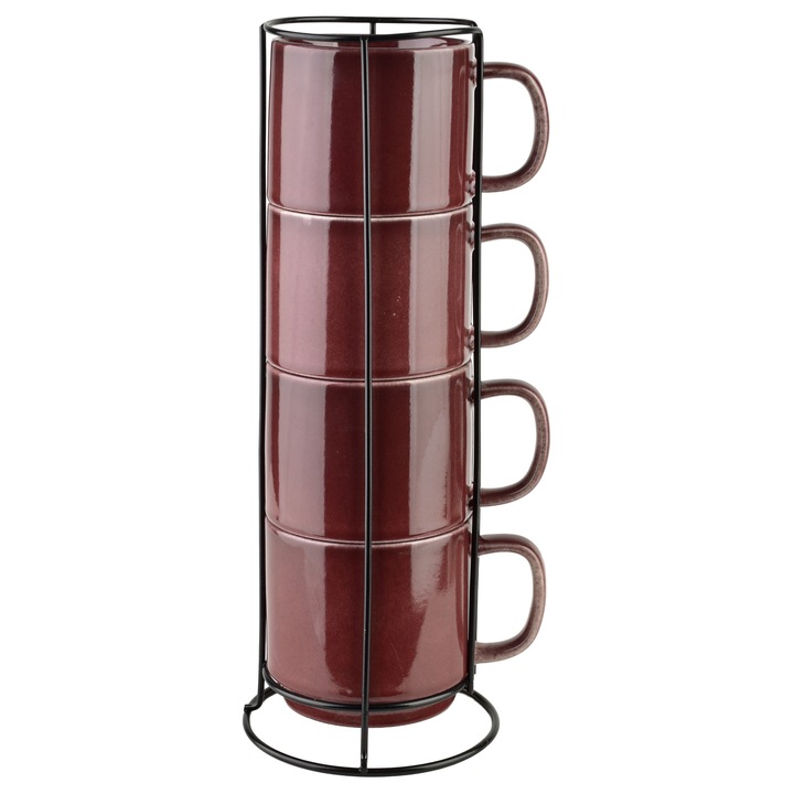 Set cani din portelan, Evie Burgundy, 4 piese, 370ml, suport, motiv pisici