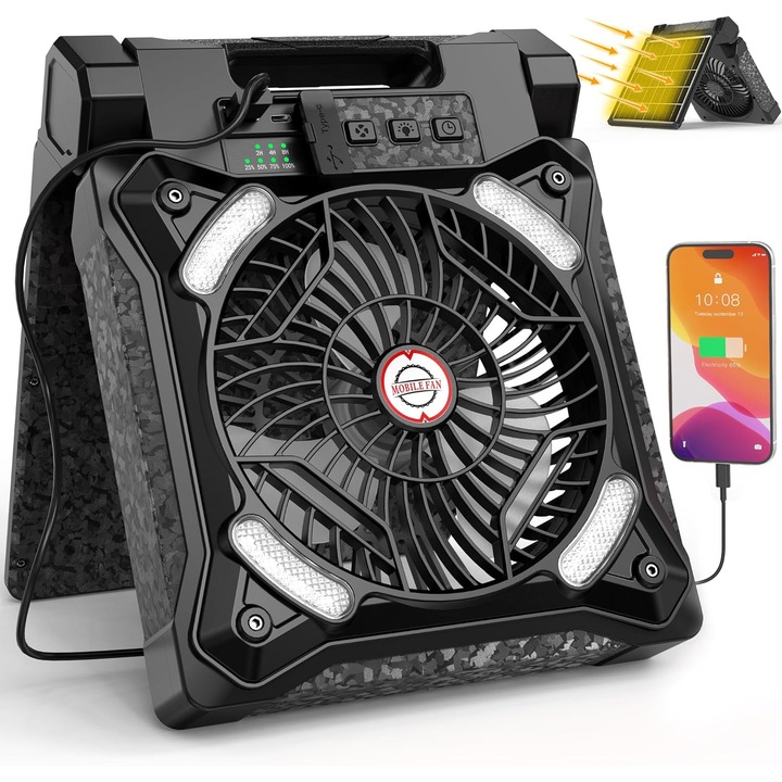 Ventilator de masa solar, 4 viteze, negru, dimensiuni 2.8x8.64x10.63 inches, utilizare in aer liber