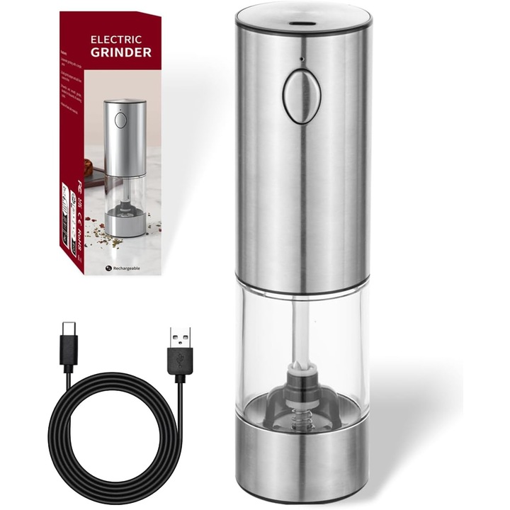 Rasnita electrica pentru condimente, USB, capacitate 95ml, ajustare continua, ceramica, transparenta