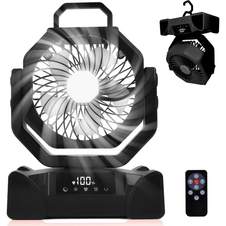 Ventilator portabil cu acumulator, 5 viteze, 3 culori de iluminare, control de la distanta, dimensiuni 21.6x11.4x27.4cm, negru