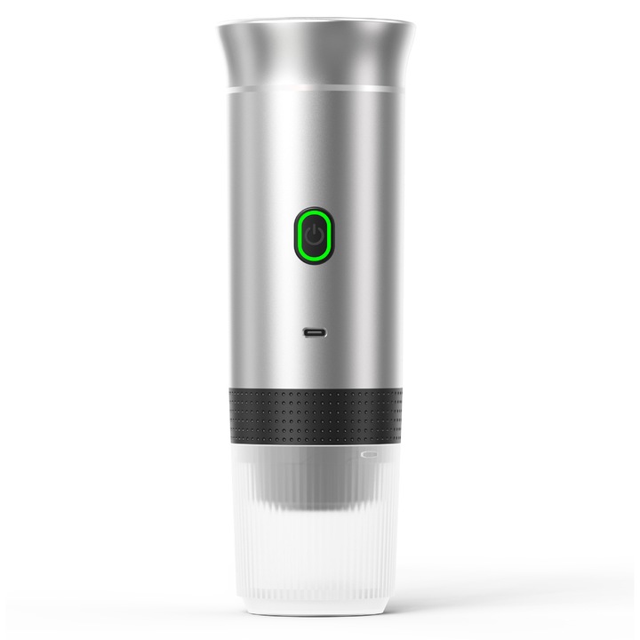 Espressor portabil K0204-20260822-17, alimentare USB, compatibil cafea macinata si capsule de dimensiuni diferite, incalzire portabila, argintiu