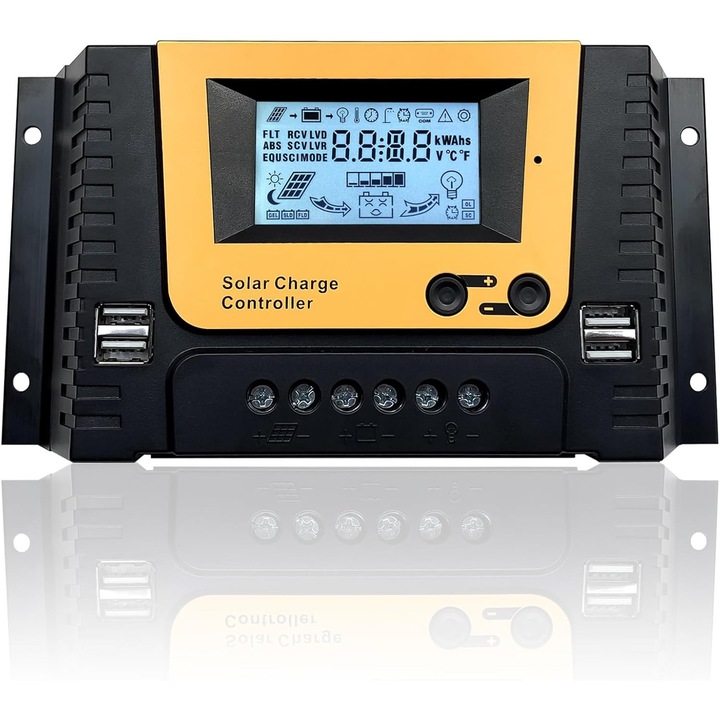 Regulator solar de incarcare 30A, 12V/24V/36V/48V, 1560W, cu 4 porturi USB, dimensiuni 20x10.3x4.5cm