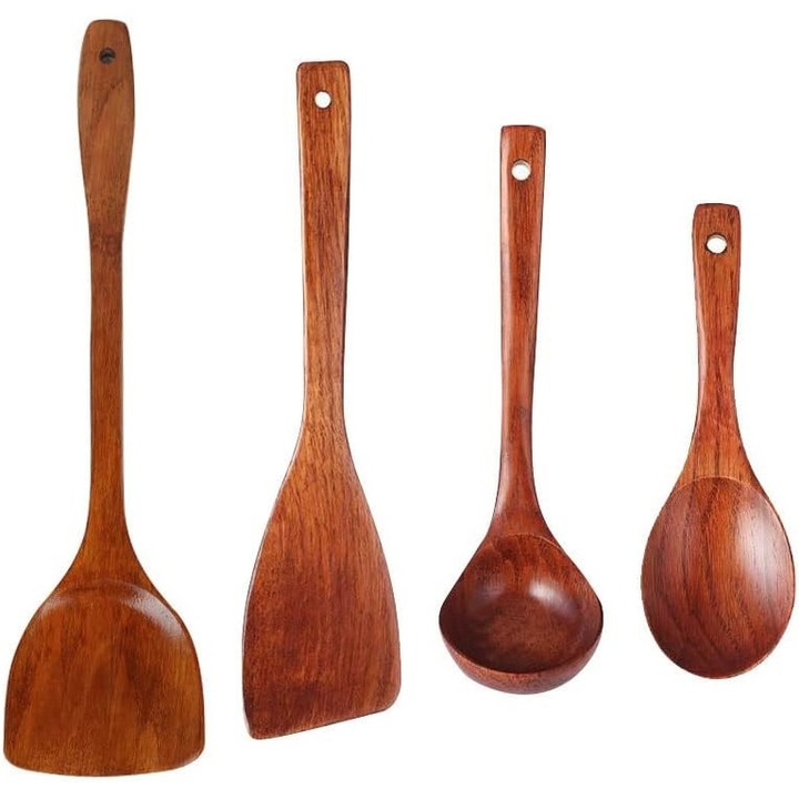 Set de ustensile de bucatarie din lemn, 4 piese, spatule, linguri, dimensiuni variate