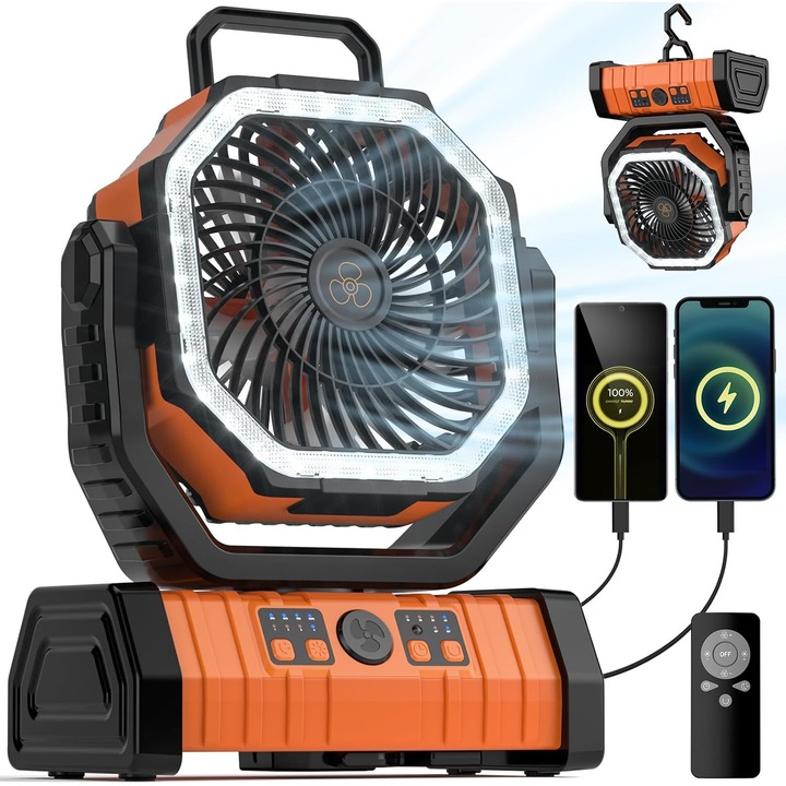 Ventilator de camping, 20000mAh, cu lanterna LED, portabil, control de la distanta, 4 viteze, negru si portocaliu, 22.6x29x11.7cm