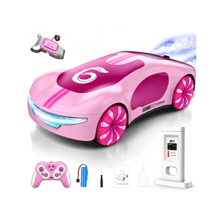 RC кола розова 1:22, управление с жестове, двоен спрей, въртене на 360°, 2.4GHz, Type-C, подарък за рожден ден 8-12 години