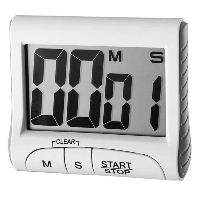 Timer de bucatarie cu display mare, alarma puternica, design elegant, alb si negru, functie de numarare in sus si in jos, cu suport magnetic