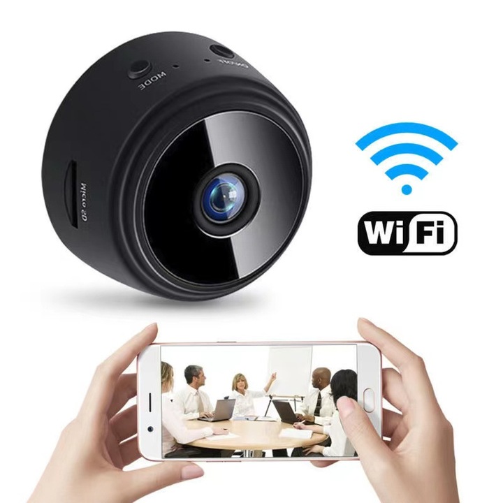Camera de supraveghere mini Wi-Fi, 1080P, unghi larg 90°, neagra, dimensiuni 44x24x44mm