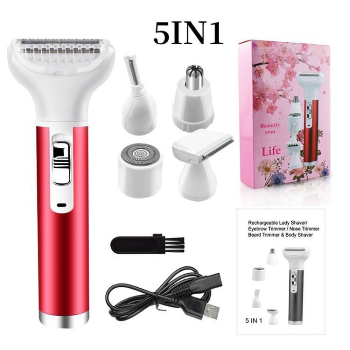 Set epilator electric pentru femei, 5 in 1, rosu, dimensiuni 20x11.4x4.1cm